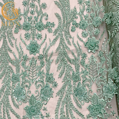 ODM Elegant Green Beaded Dress Bridal Lace Fabric 140Cm Width